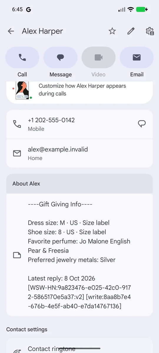Example gift preferences saved in an Android contact’s Notes, using a fictional contact.
